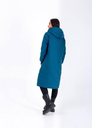 Женское пальто стеганое с капюшоном цвета морская волна 25260 n 46/482 фото