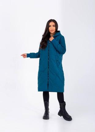 Женское пальто стеганое с капюшоном цвета морская волна 25260 n 46/483 фото