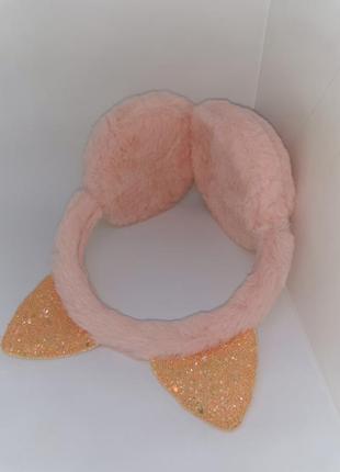 Теплые детские наушники из искусственного меха плюш с ушками розовые2 фото
