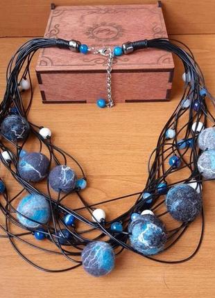 Ожерелье (бусы) "галактика" из натуральных камней та шерстяных бусин2 фото