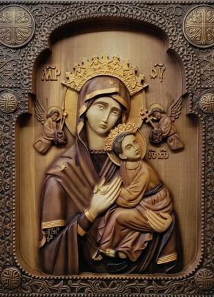 Ікона божої матері неустанної помочі, ікона з дерева, ікона різьблена з дерева 43х34см.