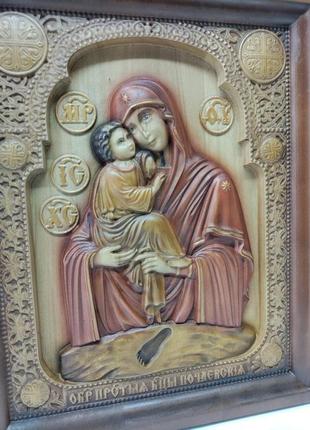 Икона  божией матери почаевская, икона из дерева, резная из дерева 25х20см.4 фото