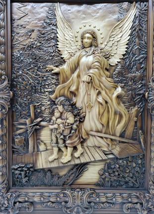Икона ангел хранитель, икона из дерева, икона резная из дерева 44х34см.7 фото