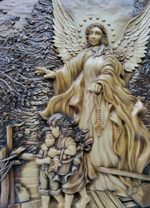 Икона ангел хранитель, икона из дерева, икона резная из дерева 44х34см.9 фото