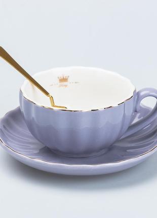 Чашка керамическая с блюдцем и ложкой 200 мл сиренневая2 фото