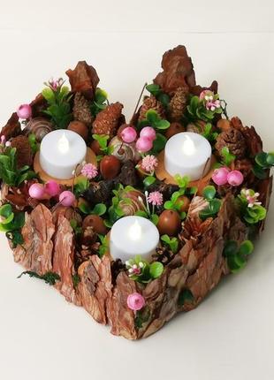 Декоративный подсвечник на три свечи в форме сердца в розовых тонах (на заказ)6 фото
