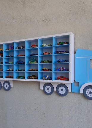 Полиця-гараж "вантажівка" для 35 машинок hot wheels (біло-блакитна)1 фото