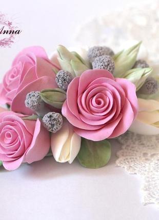 Свадебный гребень для волос с розовыми розами и фрезиями цвета айвори2 фото
