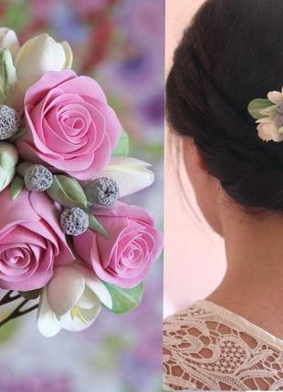 Свадебный гребень для волос с розовыми розами и фрезиями цвета айвори6 фото