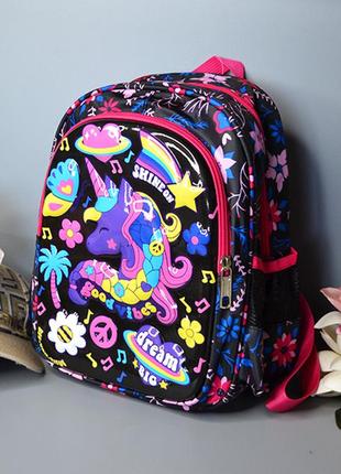 Школьный рюкзак для девочки “единорог” чёрно-малиновый