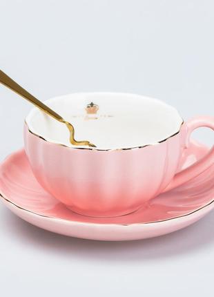Чашка керамическая с блюдцем и ложкой 200 мл розовая2 фото