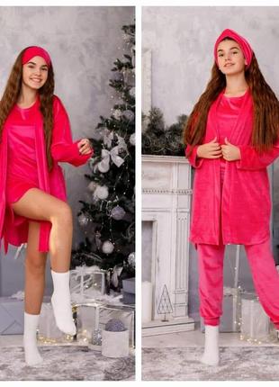 Домашний комплект (пижама) из велюра 5 в 1 для девочки (халат с поясом, брюки, футболка, шорты, маска для сна)1 фото