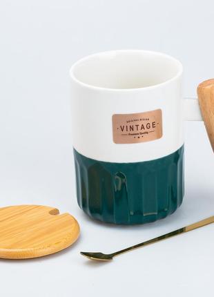Чашка керамическая с бамбуковой крышкой и ручкой 400 мл зеленая2 фото