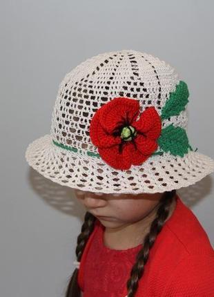 Белая шляпка с красным маком, панамка, пляжная шляпка3 фото