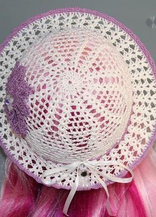 Белая летняя шляпа для девочки с сиреневым цветком. размеры на выбор3 фото
