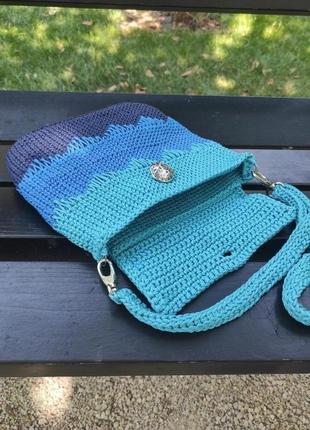 В'язана жіноча сумочка через плече. крос-боді. синя сумка6 фото