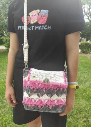Женская вязаная сумка розовая сумочка вязаная сумка-кроссбоди8 фото
