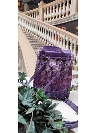 Фіолетовий в'язаний рюкзак з деталями з натуральної шкіри4 фото