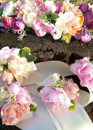 Розовые бутоньерки бутоньерка с нежными цветами бутоньерка на руку свадебная бутоньерка веночек2 фото