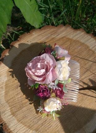 Весільний гребінь, шпилька з квітами пудрова бутоньєрка віночок з півоніями3 фото