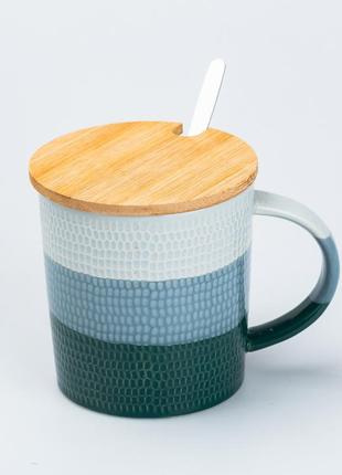 Чашка з бамбуковою кришкою та ложкою керамічна 350 мл зелена1 фото