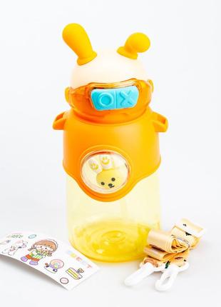Дитяча пляшечка для води 700 мл з трубочкою та ремінцем помаранчева
