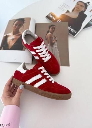 Червоні натуральні замшеві кросівки кеди з білими смужками замша3 фото
