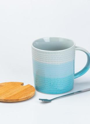 Чашка с бамбуковой крышкой и ложкой керамическая 350 мл голубая2 фото