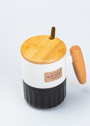 Чашка керамічна з бамбуковою кришкою та ручкою 400 мл чорна3 фото