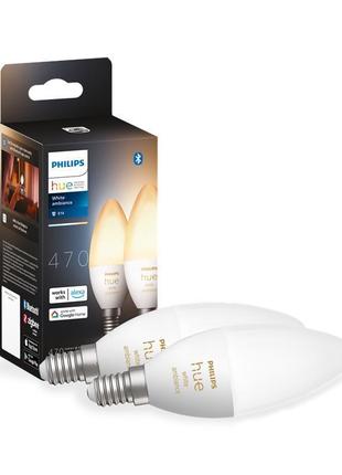 Лампа розумна philips hue e14, 5.2w(40вт), 2200k-6500k, tunable white, zigbee, bluetooth, димування, 2шт