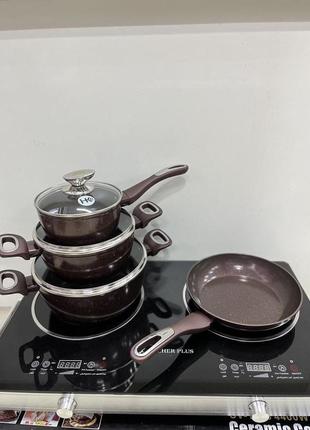 Набір посуду для дому зі сковородою граніт круглий (7 предметів) нк-314 кава1 фото