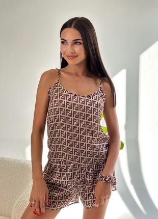 Летняя шелковая пижама сатин в стиле fendi фенди коричневая майка шорты шелк шелк1 фото