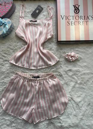 Летняя сатиновая пижама в стиле vs виктория секрет майка шорты в розовую полоску шелк сатин шелк1 фото