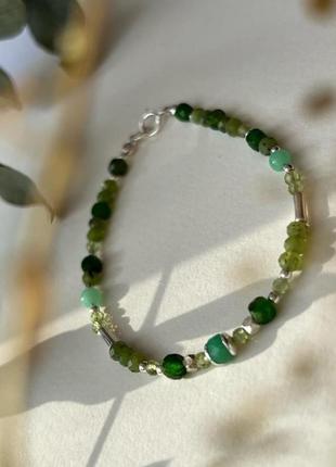 Браслет з зелених натуральних каменів та срібла2 фото