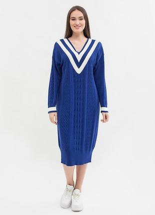 Синее вязанное платье из хлопка с v-образной горловиной2 фото