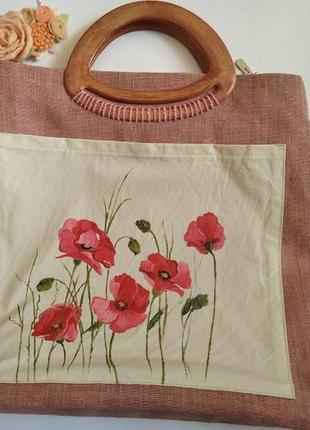Эксклюзивная льняная сумка с ручной росписью маками