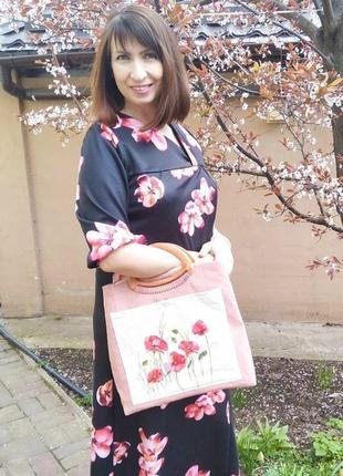 Эксклюзивная льняная сумка с ручной росписью маками2 фото