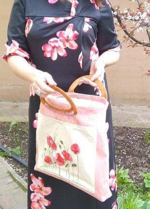 Эксклюзивная льняная сумка с ручной росписью маками9 фото