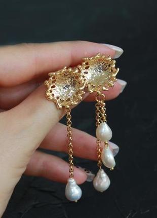 Сережки золоті ланцюжок та перлами "морські краплі"1 фото