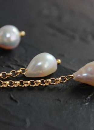 Сережки золоті ланцюжок та перлами "морські краплі"5 фото