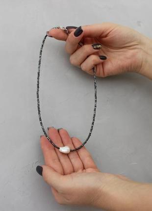 Бусы ожерелье колье серое  из натурального камня гематит серые повседневные бусы для женщины5 фото