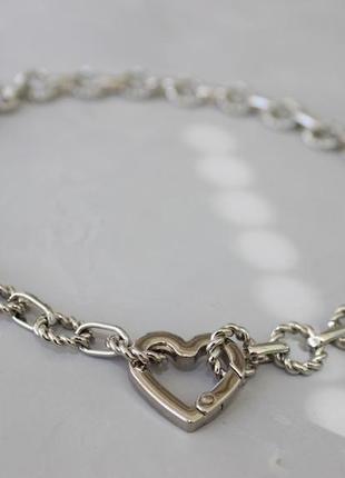 Крупная цепь серебрянная серебристая родий с сердцем8 фото