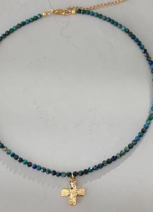 Ожерелье зеленое изумрудное синее из натурального камня азур малахит короткое небольшое нежное6 фото