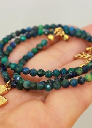 Ожерелье зеленое изумрудное синее из натурального камня азур малахит короткое небольшое нежное5 фото