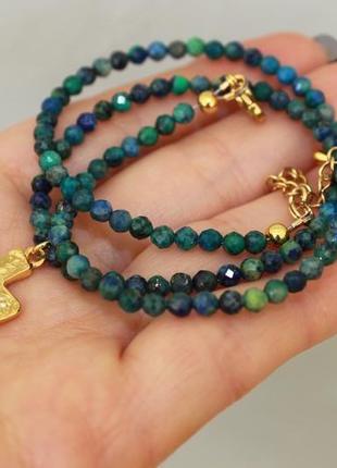 Ожерелье зеленое изумрудное синее из натурального камня азур малахит короткое небольшое нежное4 фото