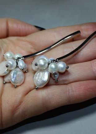 Сережки гвоздики довгі срібні з бароковими перлами сережки довгі святкові вечірні сережки новий рік3 фото