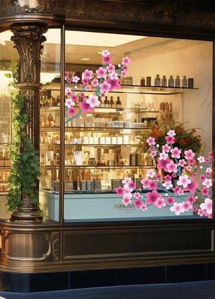 Наклейка вінілова інтер'єрна декор на вікно (вітрину, скло, дзеркало) "гілки квітучої сакури. квіти