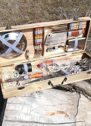 Набір з 6 шампурів для м'яса (550х10х3 мм) + комплект аксесуарів в дерев'яному кейсі2 фото