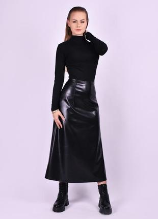 Стильная миди юбка - трапеция из экокожи