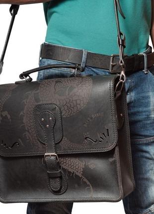 Черный портфель iggy dragon black briefcase с ременной 4 мм кожи быка6 фото